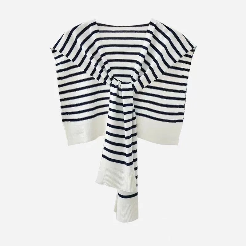 Women's Striped Knit Cardigan Wrap - Versatile Knotted Scarf Cape Fashion Shawl