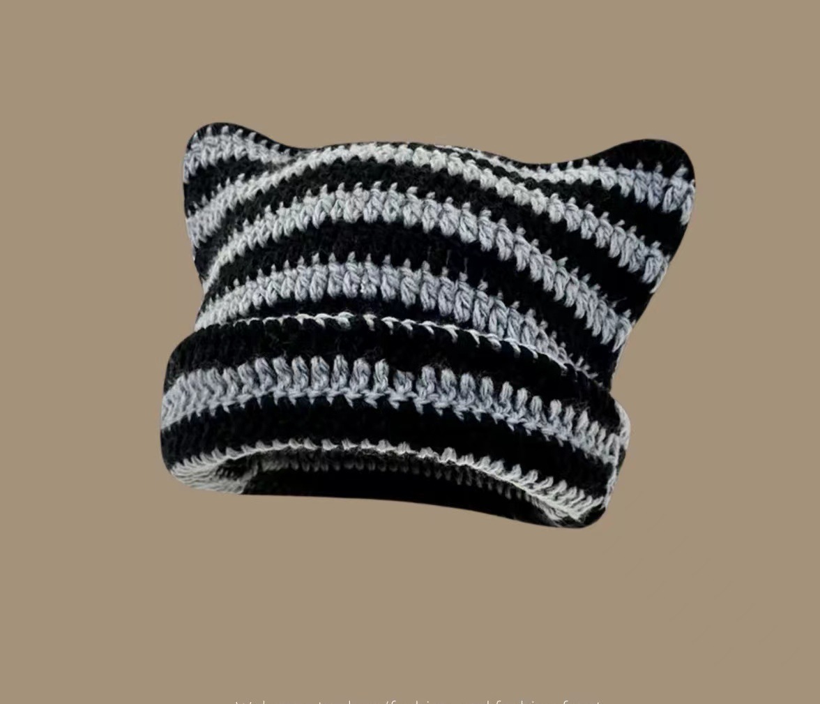 Women's Crochet Cat & Fox Beanies - Vintage Slouchy Grunge Hat, Soft Chunky Knit Beanie for Women, Cute Animal Ear Winter Hat