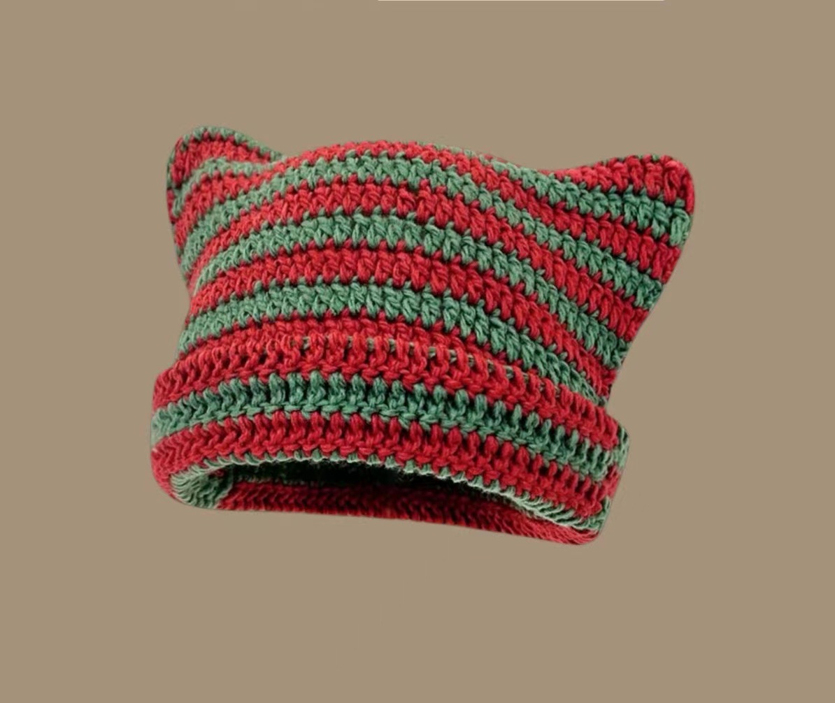 Women's Crochet Cat & Fox Beanies - Vintage Slouchy Grunge Hat, Soft Chunky Knit Beanie for Women, Cute Animal Ear Winter Hat