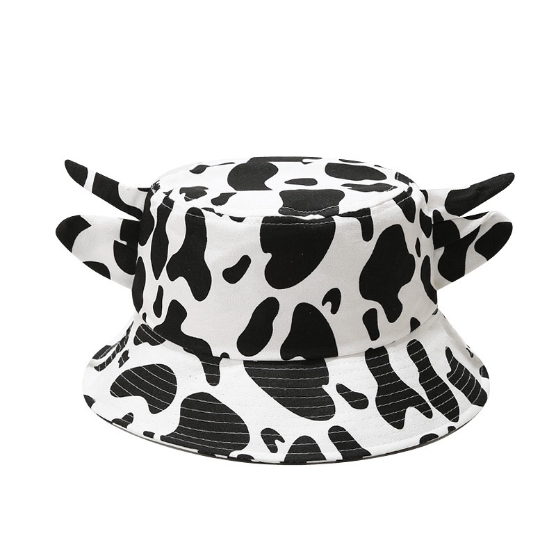 Cow Print Bucket Hat with Horn Ears - Cute Animal Sun Hat for Women, Summer Beach Fisherman Hat, Y2K Cartoon Cowgirl Cap