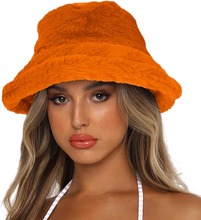 Winter Bucket Hat Fluffy Faux Fur Fisherman Cap for Women Men Solid Color Style