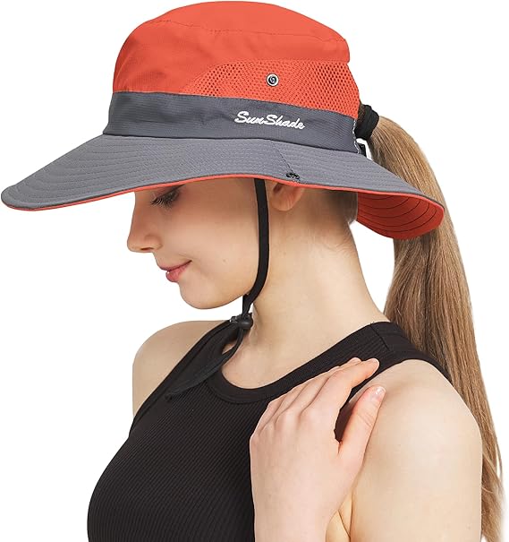 Ponytail Sun Bucket Hats for Women Men Wide Brim UPF 50+ Fishing & Beach Hats