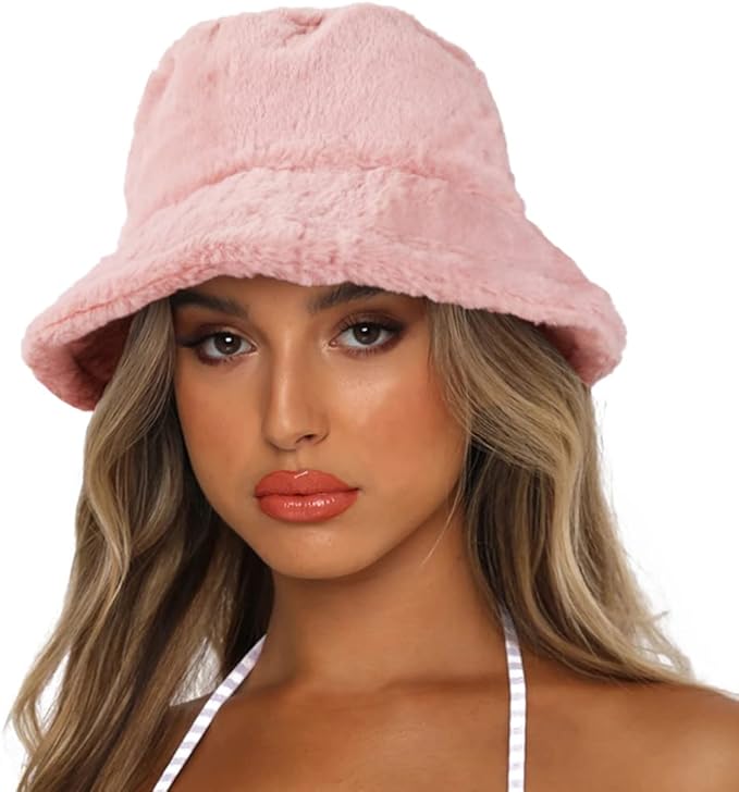 Winter Bucket Hat Fluffy Faux Fur Fisherman Cap for Women Men Solid Color Style