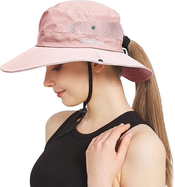 Ponytail Sun Bucket Hats for Women Men Wide Brim UPF 50+ Fishing & Beach Hats