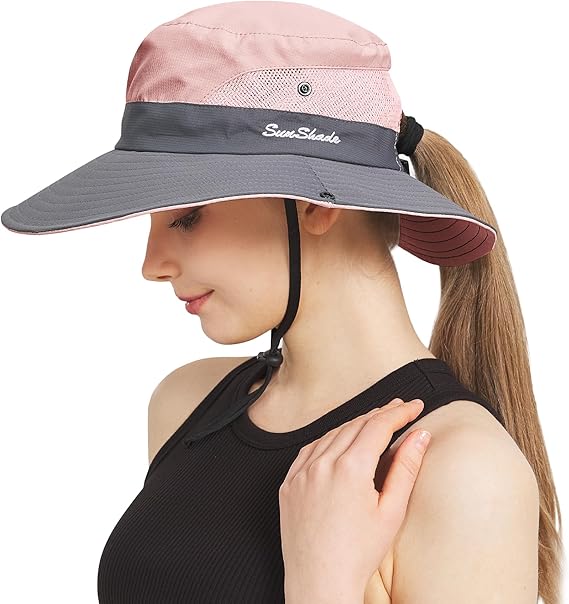 Ponytail Sun Bucket Hats for Women Men Wide Brim UPF 50+ Fishing & Beach Hats
