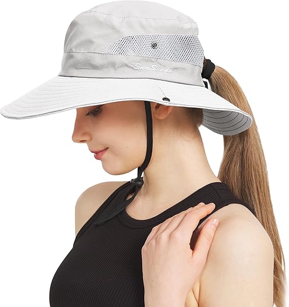 Ponytail Sun Bucket Hats for Women Men Wide Brim UPF 50+ Fishing & Beach Hats