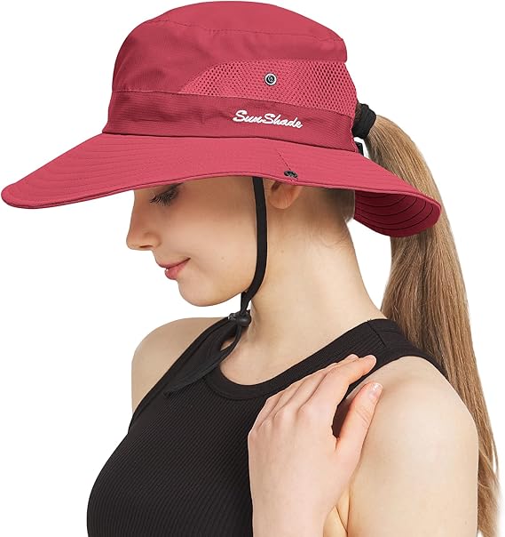 Ponytail Sun Bucket Hats for Women Men Wide Brim UPF 50+ Fishing & Beach Hats