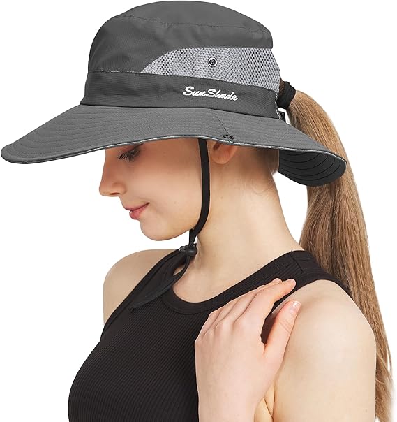 Ponytail Sun Bucket Hats for Women Men Wide Brim UPF 50+ Fishing & Beach Hats