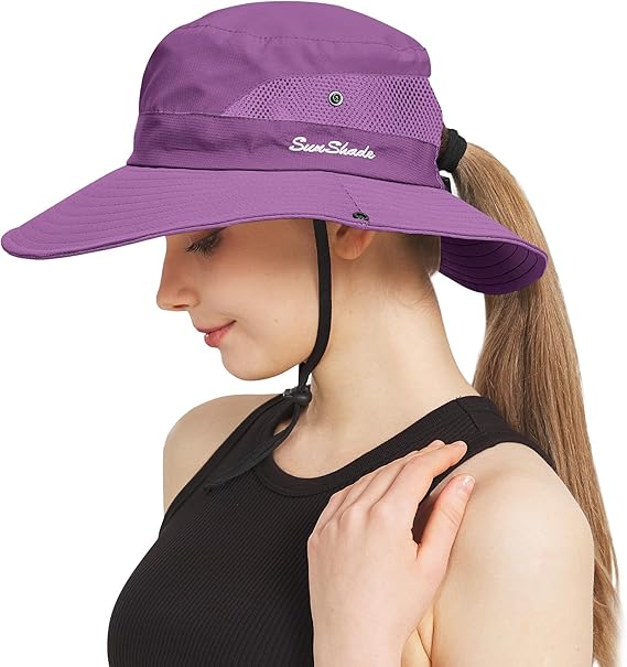 Ponytail Sun Bucket Hats for Women Men Wide Brim UPF 50+ Fishing & Beach Hats
