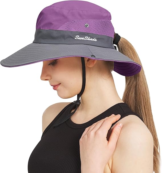Ponytail Sun Bucket Hats for Women Men Wide Brim UPF 50+ Fishing & Beach Hats