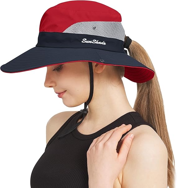 Ponytail Sun Bucket Hats for Women Men Wide Brim UPF 50+ Fishing & Beach Hats