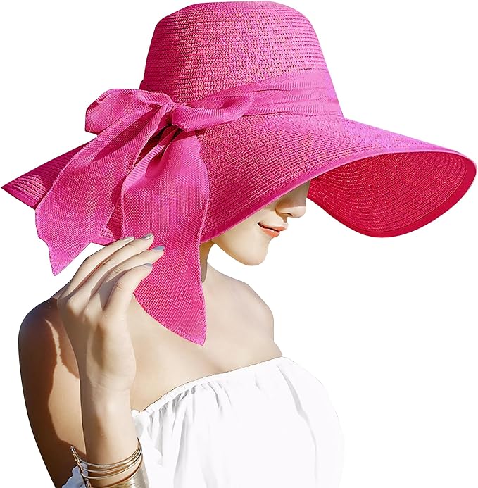 Womens 5.5 Inches Big Bowknot Straw Hat Large Floppy Foldable Roll up Beach Cap Sun Hat UPF 50+