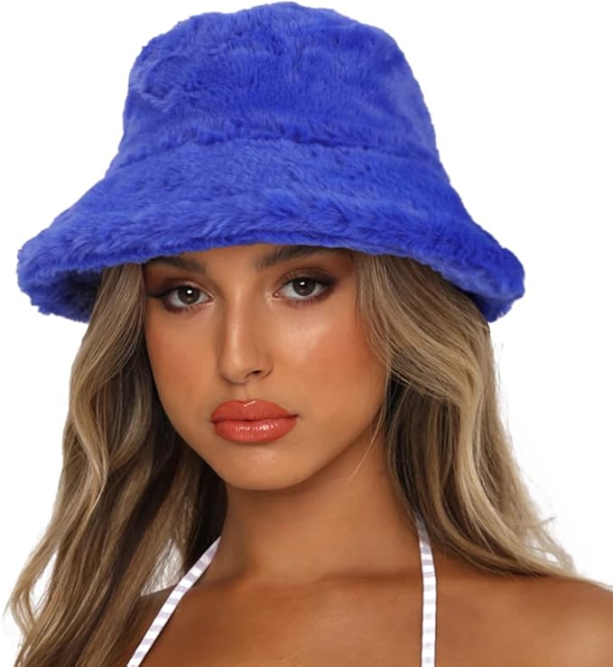 Winter Bucket Hat Fluffy Faux Fur Fisherman Cap for Women Men Solid Color Style