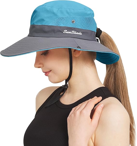 Ponytail Sun Bucket Hats for Women Men Wide Brim UPF 50+ Fishing & Beach Hats
