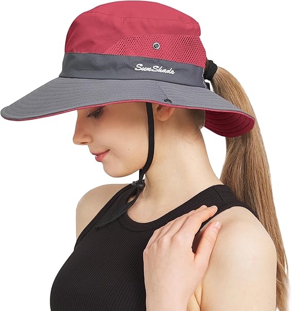 Ponytail Sun Bucket Hats for Women Men Wide Brim UPF 50+ Fishing & Beach Hats
