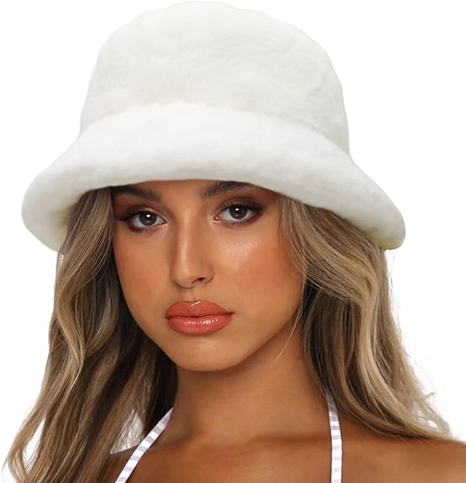 Winter Bucket Hat Fluffy Faux Fur Fisherman Cap for Women Men Solid Color Style