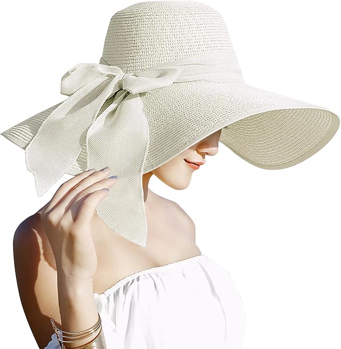 Womens 5.5 Inches Big Bowknot Straw Hat Large Floppy Foldable Roll up Beach Cap Sun Hat UPF 50+