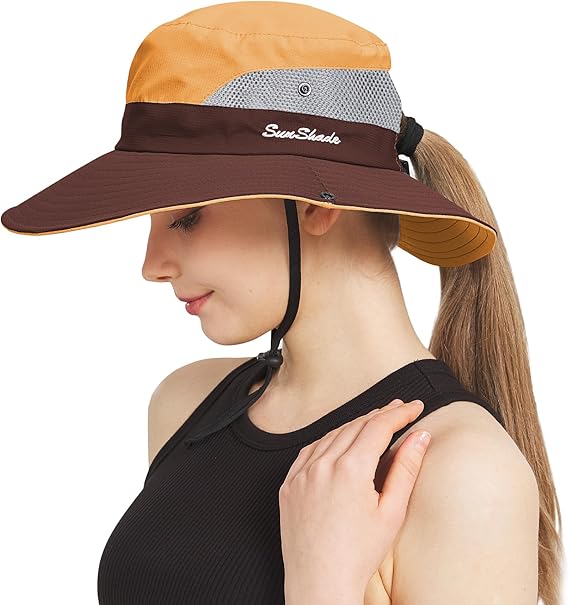 Ponytail Sun Bucket Hats for Women Men Wide Brim UPF 50+ Fishing & Beach Hats