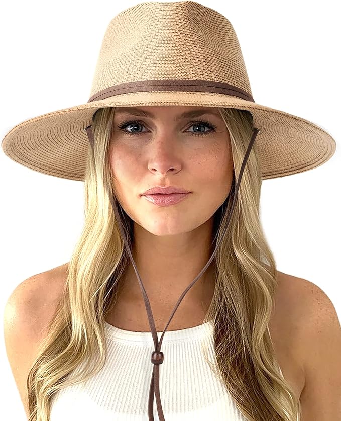 Summer Beach Hat for Women – Wide Brim Straw Fedora with Wind Lanyard, UPF 80+ Sun Protection, Packable & Lightweight