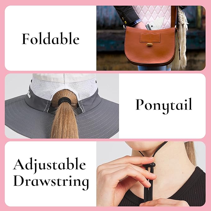 Ponytail Sun Bucket Hats for Women Men Wide Brim UPF 50+ Fishing & Beach Hats