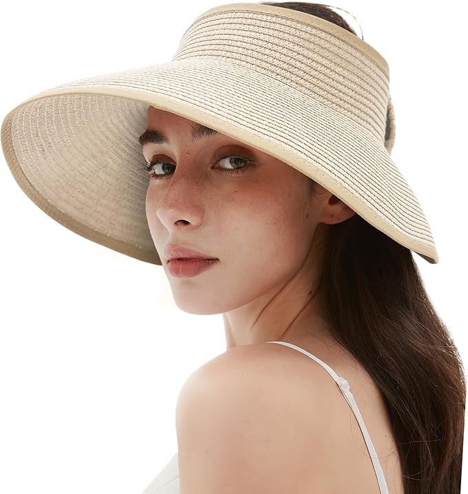 Women's Sun Visor Hats Wide Brim Straw Beach Hat Ponytail Hats for Women Foldable Floppy