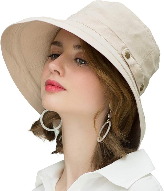 Womens Cotton Wide Brim Sun Hats UPF50+ UV Packable Beach Hat Summer Bucket Cap for Travel