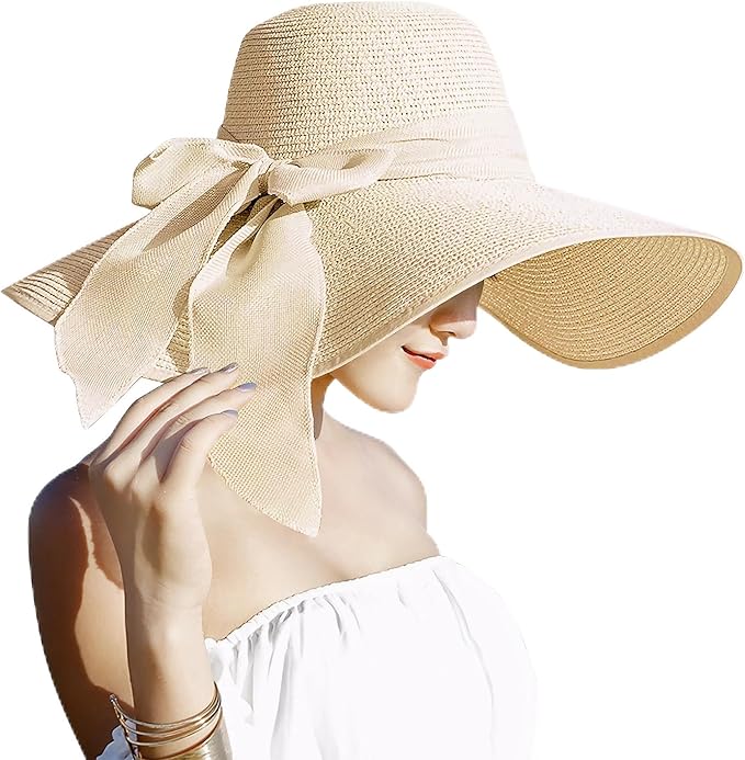 Womens 5.5 Inches Big Bowknot Straw Hat Large Floppy Foldable Roll up Beach Cap Sun Hat UPF 50+