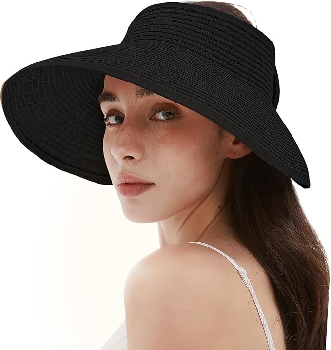 Women's Sun Visor Hats Wide Brim Straw Beach Hat Ponytail Hats for Women Foldable Floppy