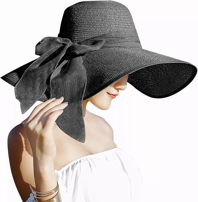 Womens 5.5 Inches Big Bowknot Straw Hat Large Floppy Foldable Roll up Beach Cap Sun Hat UPF 50+