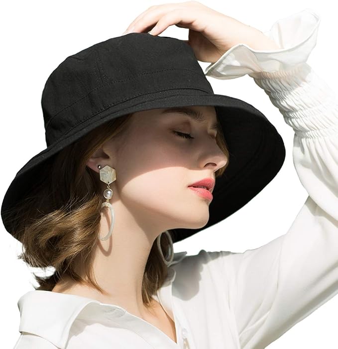 Womens Cotton Wide Brim Sun Hats UPF50+ UV Packable Beach Hat Summer Bucket Cap for Travel