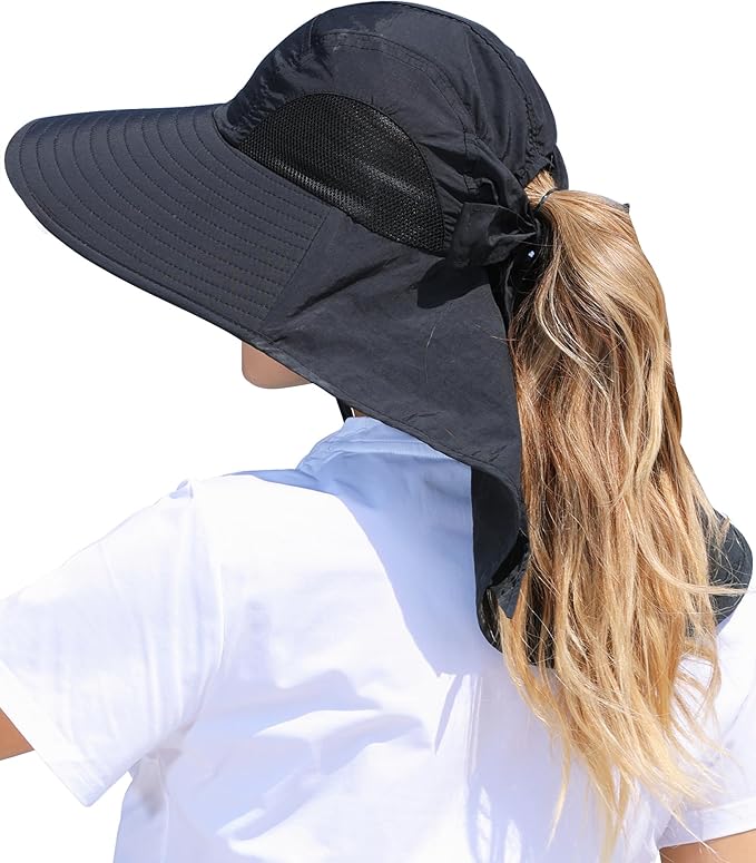 Womens Sun Hat Outdoor UV Protection Wide Brim Fishing Hat with Ponytail Hole Neck Flap for Beach Hiking Camping