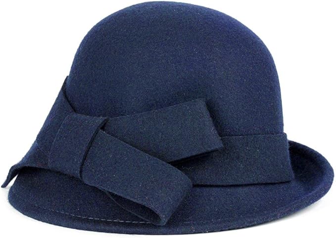 Women Solid Color Winter Hat 100% Wool Cloche Bucket with Bow Accent