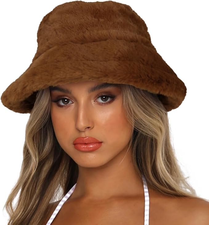 Winter Bucket Hat Fluffy Faux Fur Fisherman Cap for Women Men Solid Color Style
