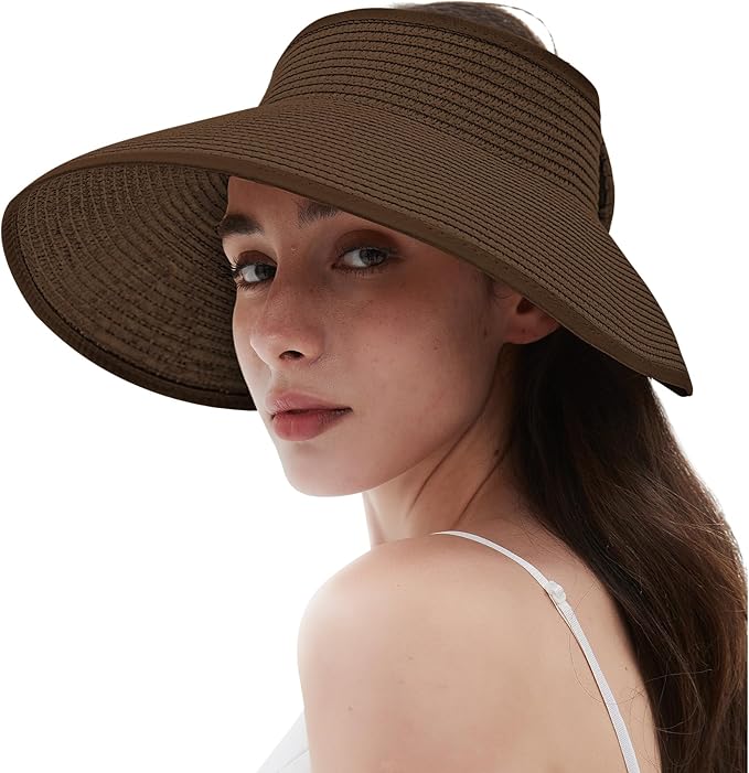 Women's Sun Visor Hats Wide Brim Straw Beach Hat Ponytail Hats for Women Foldable Floppy