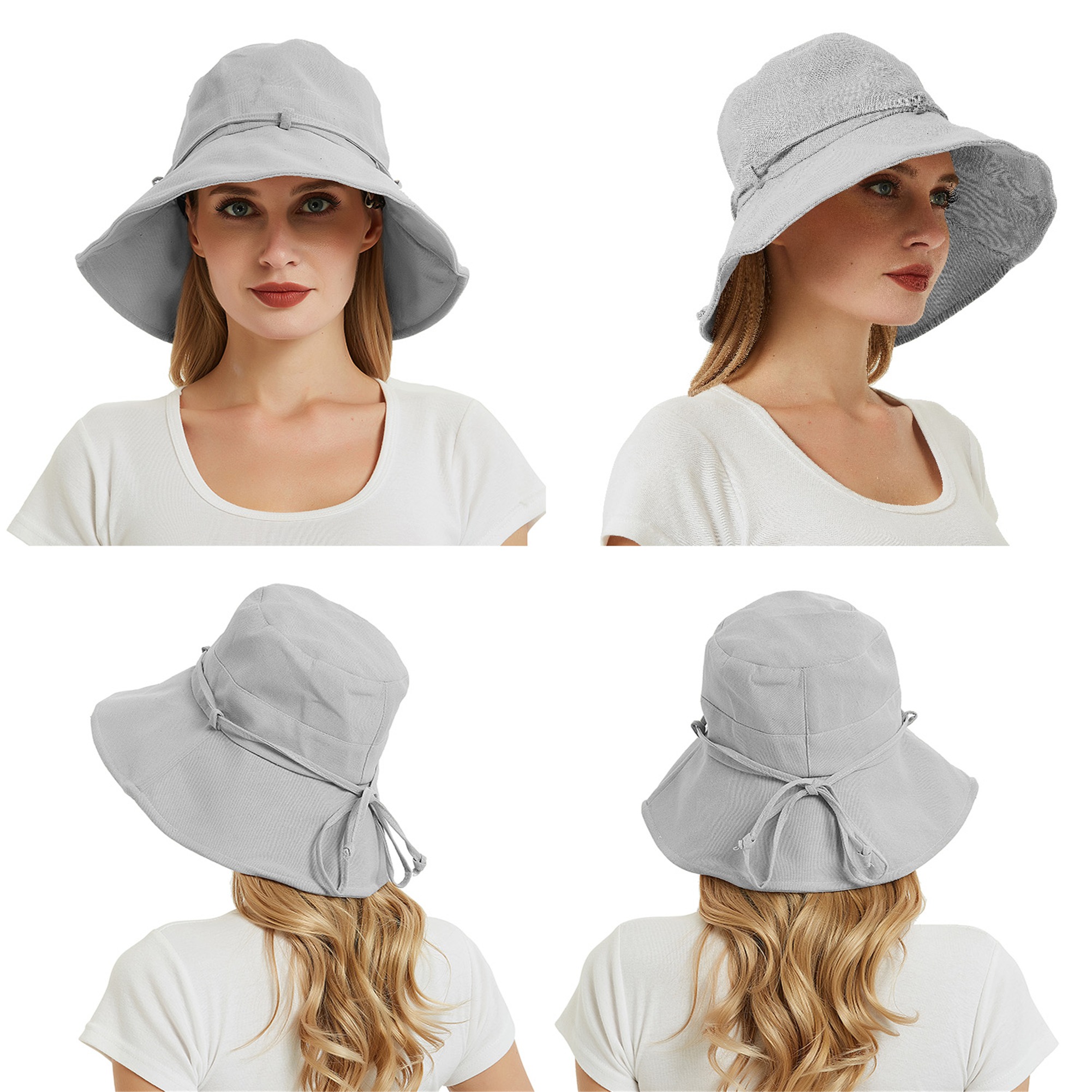 Wide Brim Bucket Hat with Strings, Floppy Sun hat for Women Fishing Hiking Gardening Grey