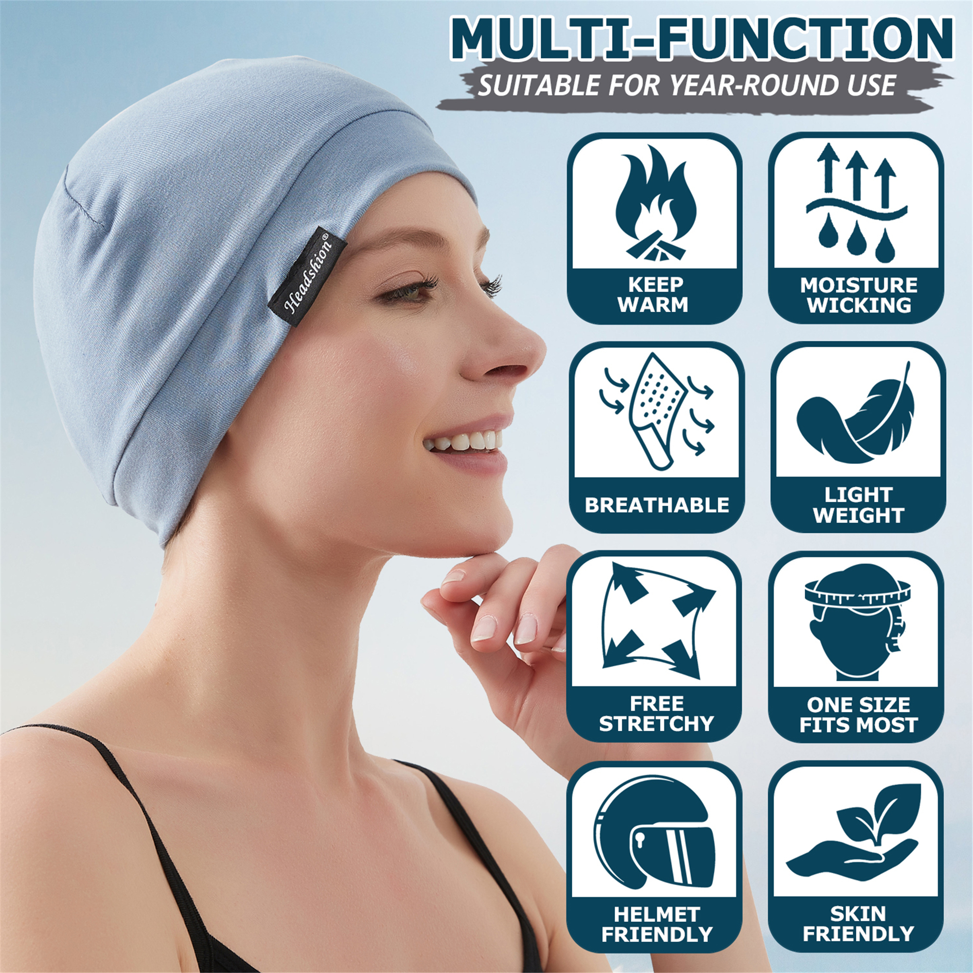 Headshion Cotton Beanie Skull Cap, 4 Pack Double Layered Sleep Hat