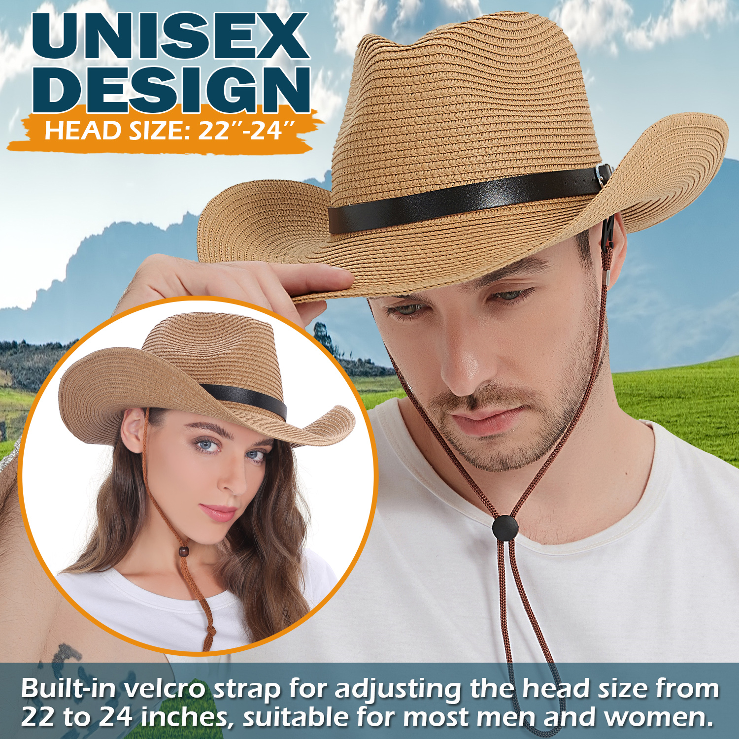 *Unisex Straw Cowboy Hat Cowgirl Hat, Shapeable Floppy Sun Hat Wide Birm Fedora Panama Hat for Men & Women.