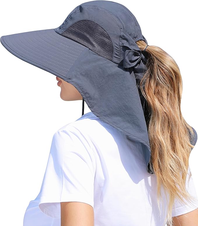 Womens Sun Hat Outdoor UV Protection Wide Brim Fishing Hat with Ponytail Hole Neck Flap for Beach Hiking Camping