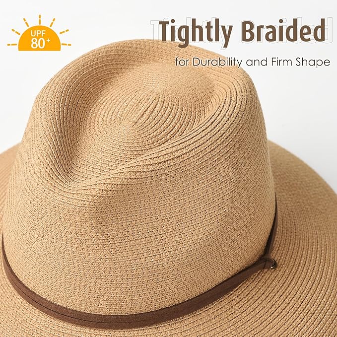 Summer Beach Hat for Women – Wide Brim Straw Fedora with Wind Lanyard, UPF 80+ Sun Protection, Packable & Lightweight