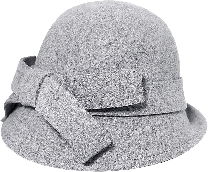 Women Solid Color Winter Hat 100% Wool Cloche Bucket with Bow Accent