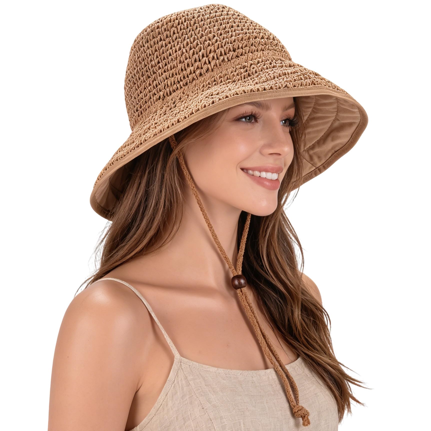 Women's Straw Sun Hat, Wide Brim Packable Bucket Hat for Summer Beach