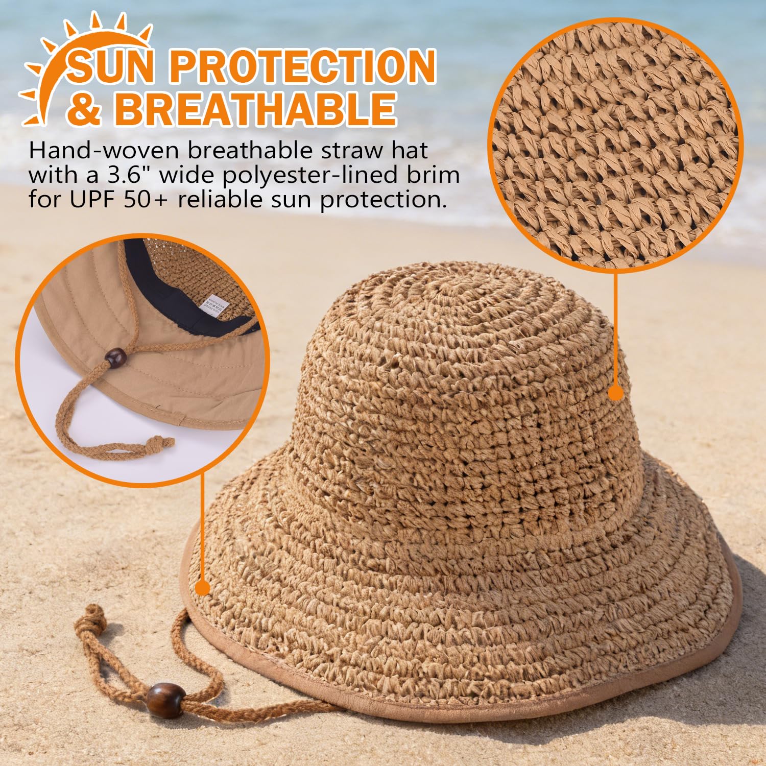 Women's Straw Sun Hat, Wide Brim Packable Bucket Hat for Summer Beach