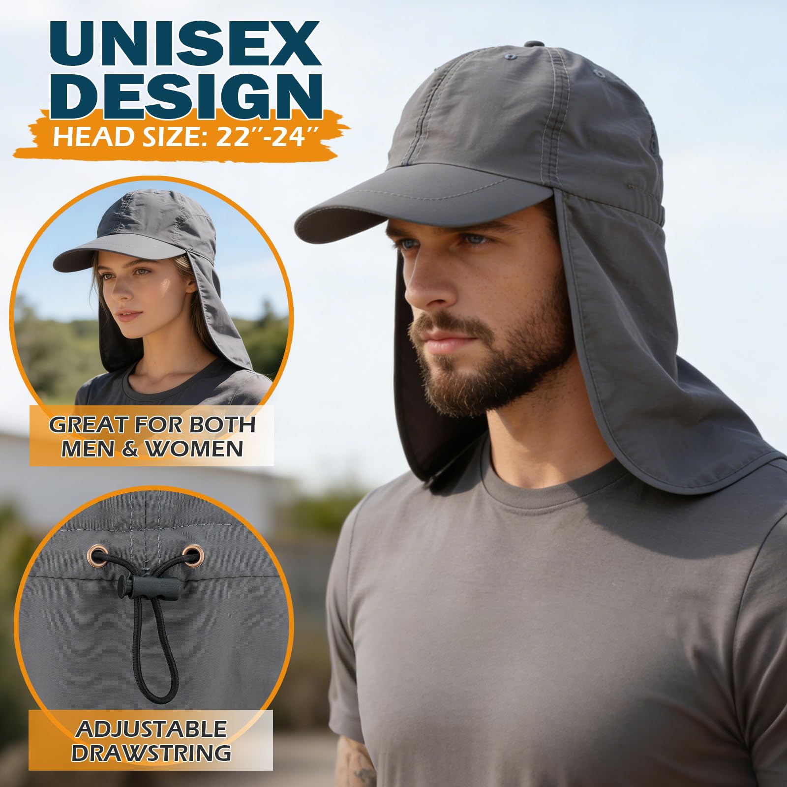 Baseball Sun Cap with Neck Flap, UPF 50+ Waterproof Sun Hat for Men Women