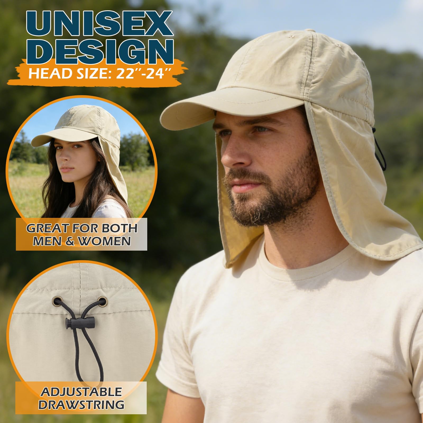 Baseball Sun Cap with Neck Flap, UPF 50+ Waterproof Sun Hat for Men Women