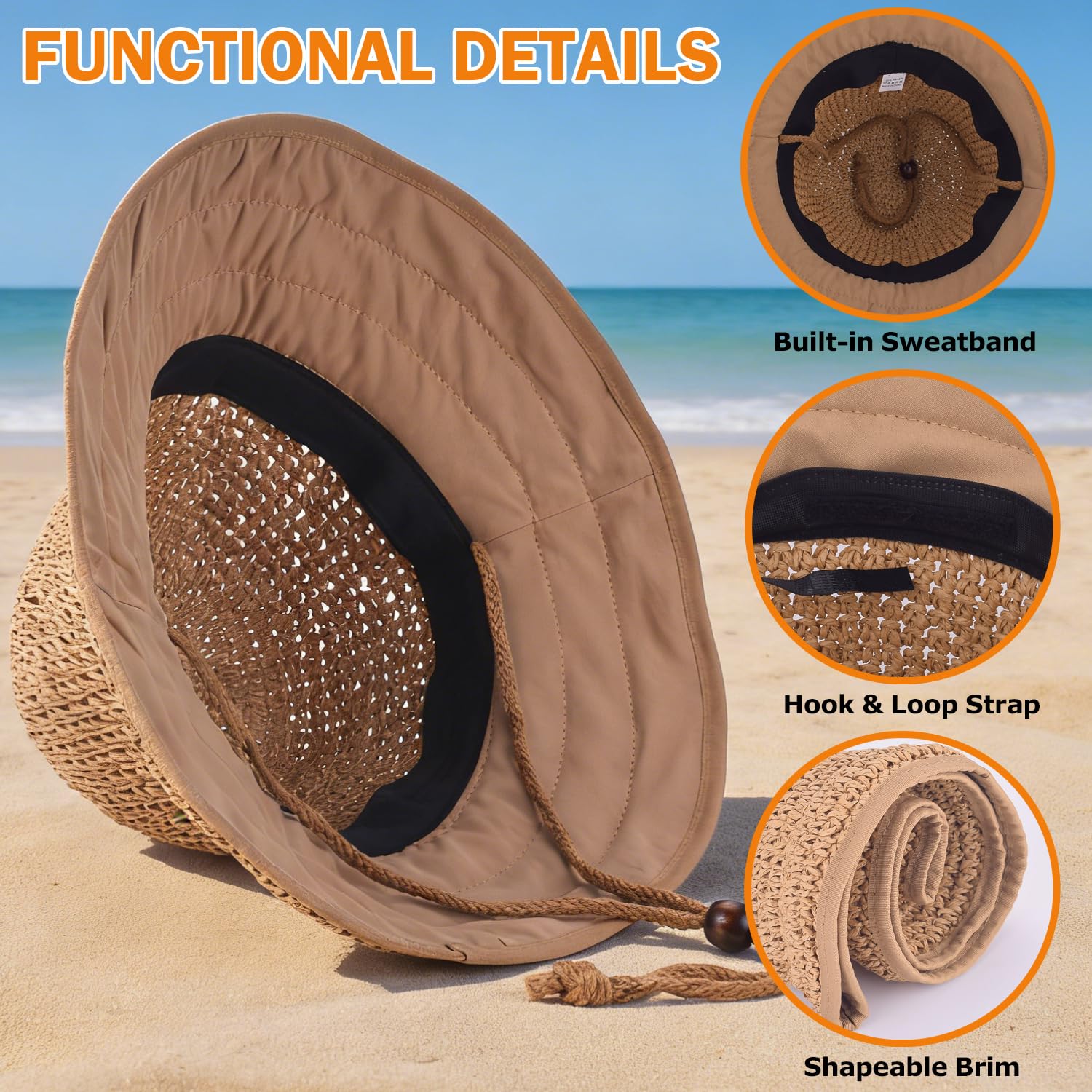 Women's Straw Sun Hat, Wide Brim Packable Bucket Hat for Summer Beach