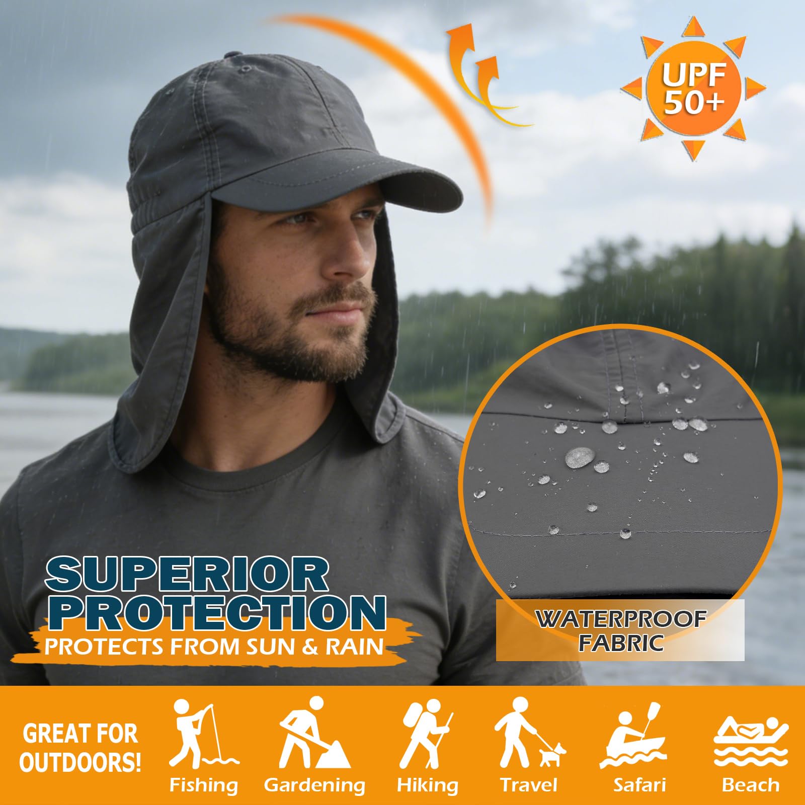 Baseball Sun Cap with Neck Flap, UPF 50+ Waterproof Sun Hat for Men Women