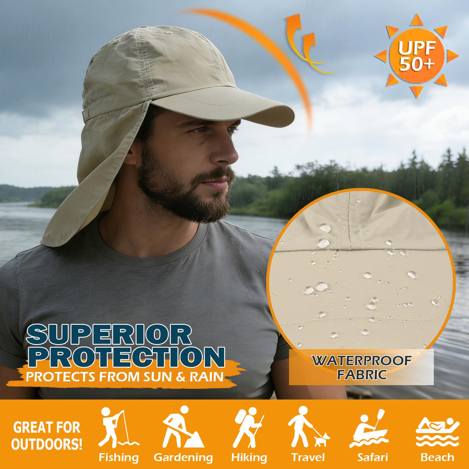 Baseball Sun Cap with Neck Flap, UPF 50+ Waterproof Sun Hat for Men Women