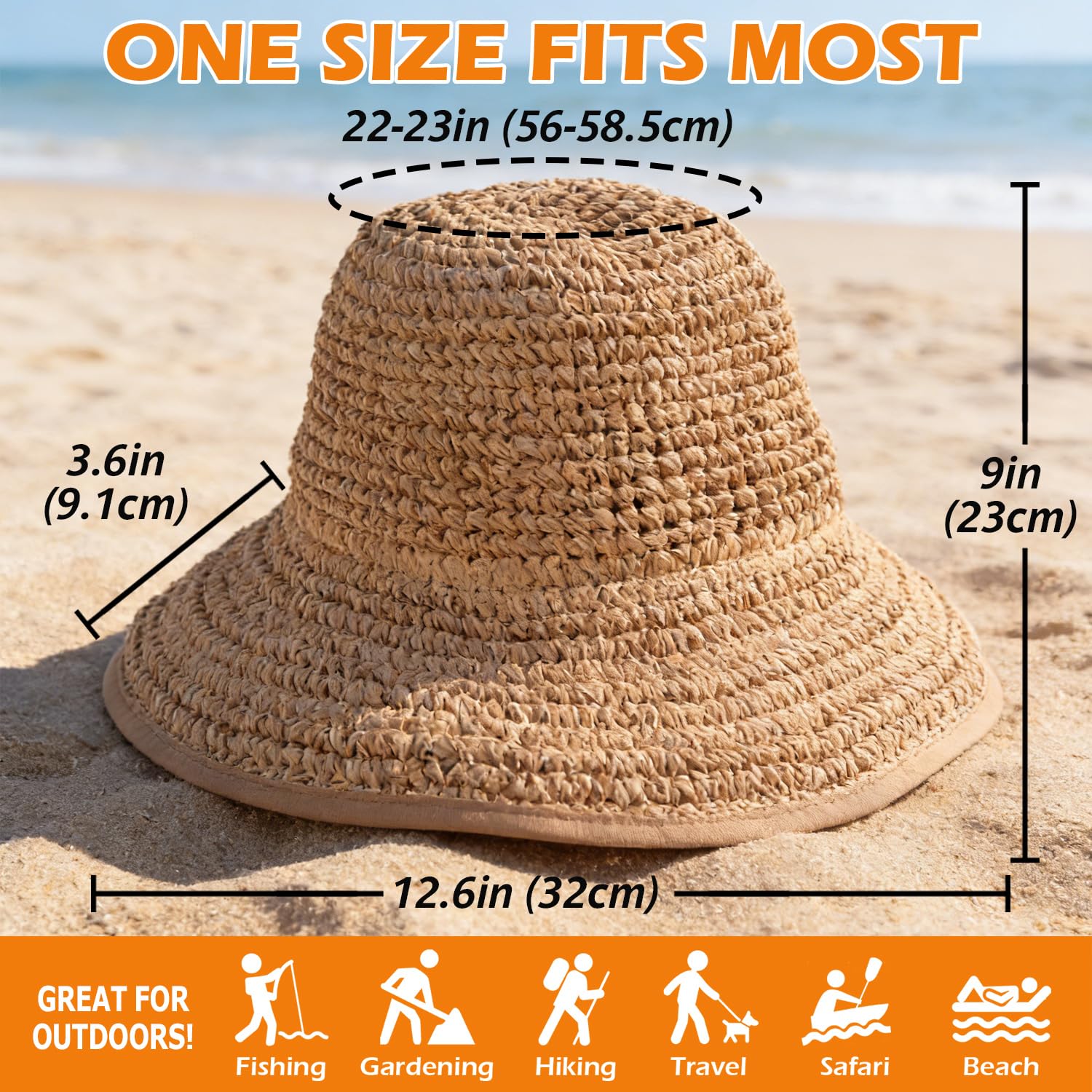 Women's Straw Sun Hat, Wide Brim Packable Bucket Hat for Summer Beach