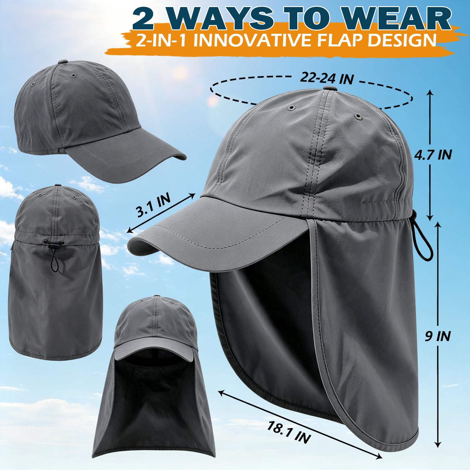 Baseball Sun Cap with Neck Flap, UPF 50+ Waterproof Sun Hat for Men Women