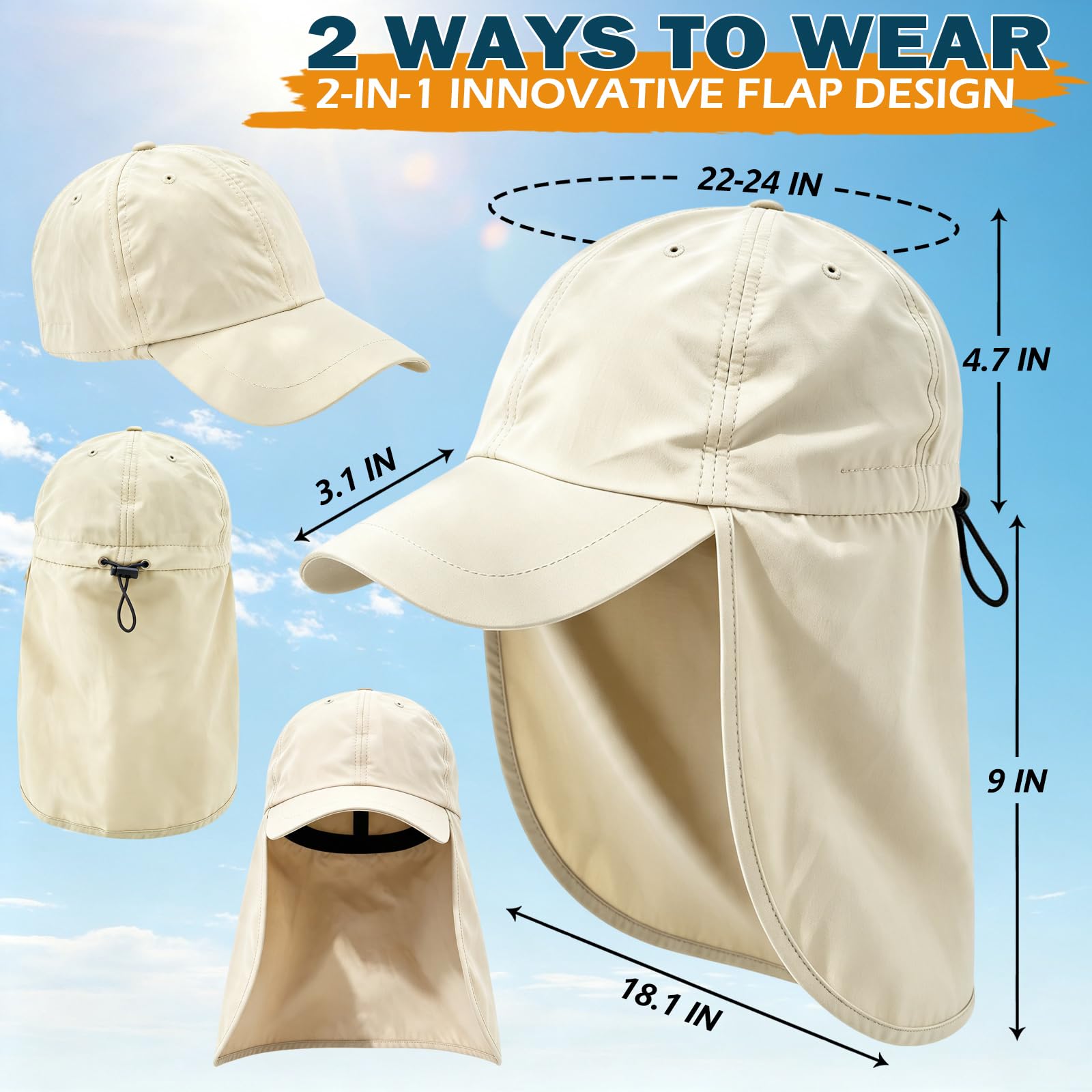 Baseball Sun Cap with Neck Flap, UPF 50+ Waterproof Sun Hat for Men Women